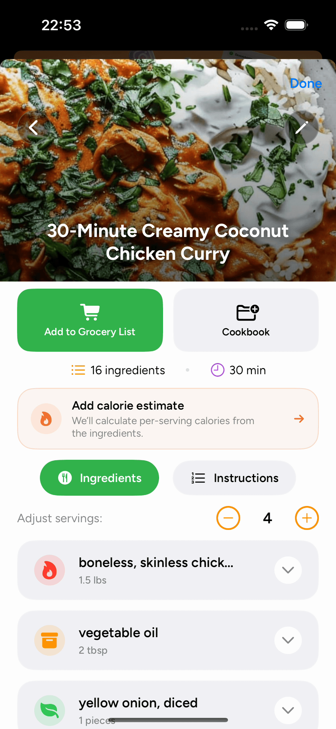 30-Minute Creamy Coconut Chicken Curry saved in PantryAI with ingredients and instructions