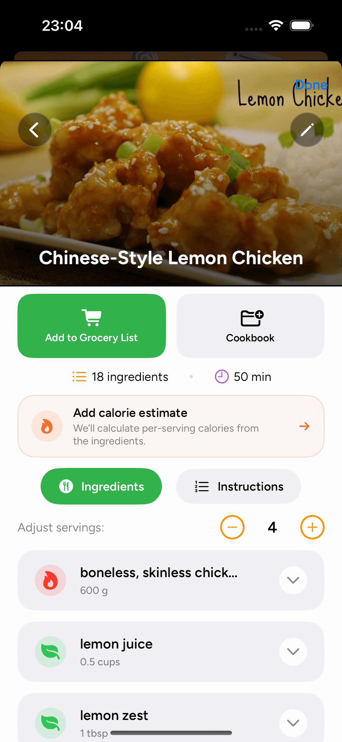 Chinese-Style Lemon Chicken saved in PantryAI with ingredients and instructions